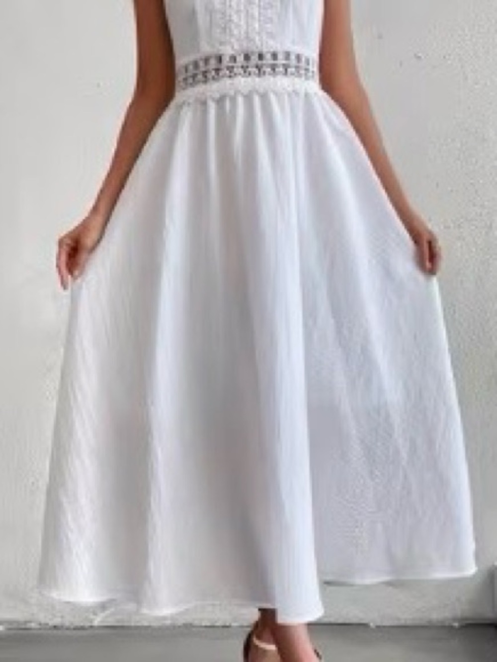 White Lace-Trim Sleeveless Midi Dress